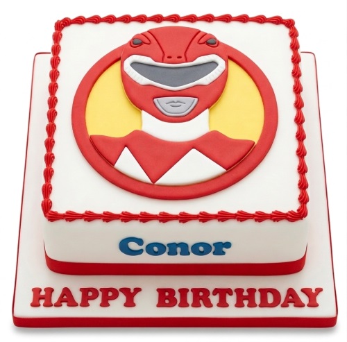 Square white birthday cake with red Power Rangers Red Ranger helmet logo and red piping.