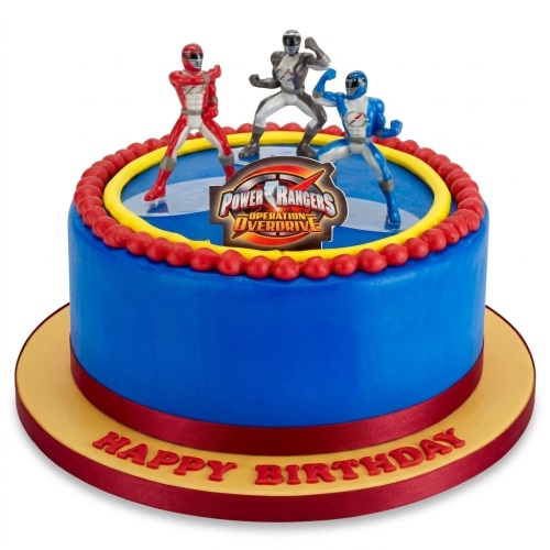 Blue Power Rangers Operation Overdrive themed birthday cake with action figures.