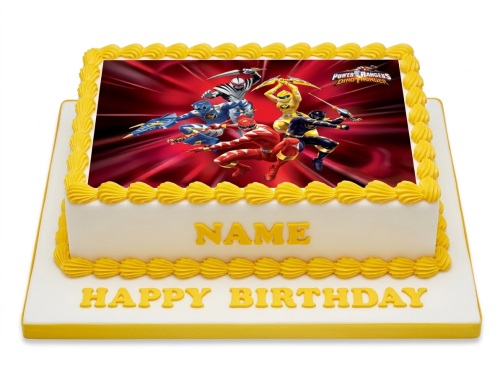 Square white cake with yellow trim and an edible image of Power Rangers Dino Thunder, with space for a personalised name.