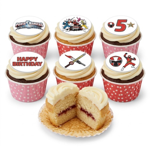 Power Rangers Ninja Steel cupcakes with characters, logo, weapons, and custom age topper.