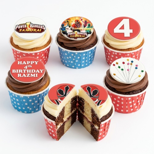 Power Rangers Samurai themed cupcakes with character and logo toppers, custom age topper, and checkerboard sponge.