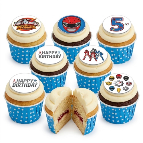 Power Rangers themed birthday cupcakes with edible toppers, including custom age and Happy Birthday messages.