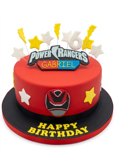 Red Power Rangers themed birthday cake with a Power Rangers logo, lightning bolts, stars, and a number 6 topper.