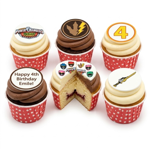 Power Rangers Dino Charge themed cupcakes with custom age topper and personalised message for a boy's birthday.