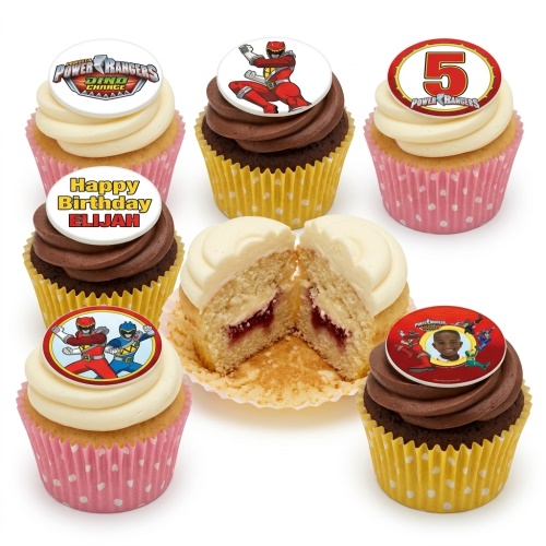 Power Rangers themed birthday cupcakes with various toppers including characters, logo, custom age, and a personalised photo.