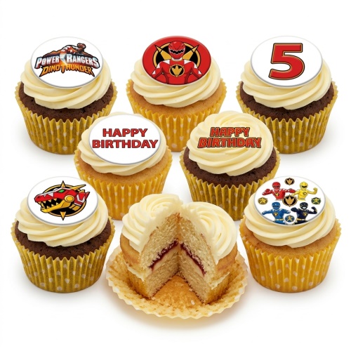 Power Rangers Dino Thunder cupcakes with Ranger toppers and custom age '5' topper.