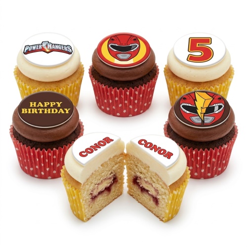 Power Rangers themed cupcakes with logo, Red Ranger, custom age '5', and 'Happy Birthday' toppers.