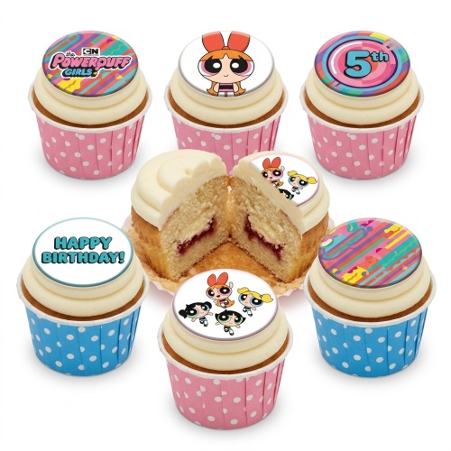 Powerpuff Girls themed cupcakes with character toppers, white frosting, and colourful polka dot wrappers.