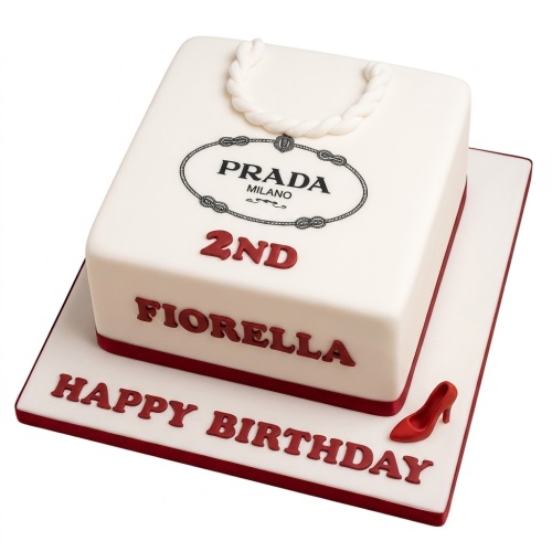 White Prada shopping bag birthday cake with red trim, logo, and high heel shoe.
