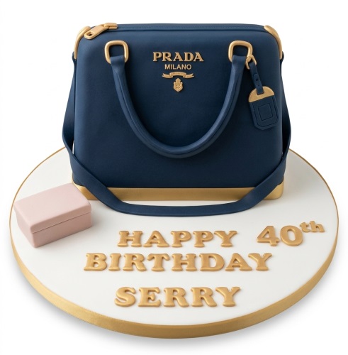 Navy blue Prada handbag shaped birthday cake with gold details, a pink box, and customisable message on a white board.