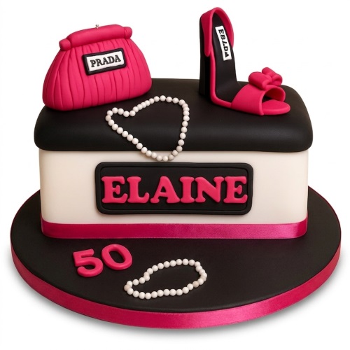 Fashion theme birthday cake with pink handbag, high heel shoe, and pearl details on a black and white cake.