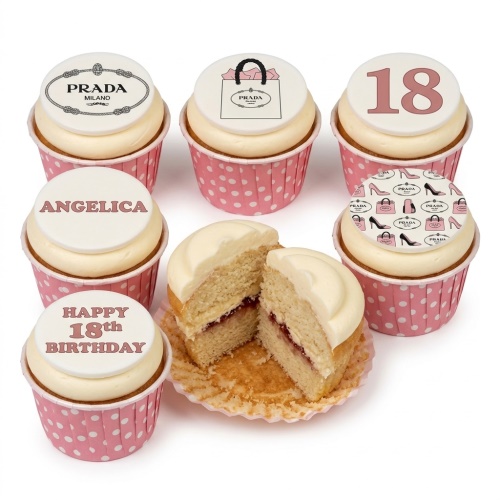 Prada themed birthday cupcakes in pink polka dot wrappers with custom age and name toppers.