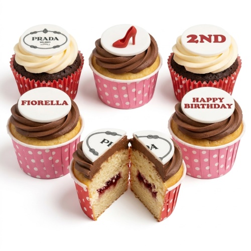 Prada inspired birthday cupcakes with designer logo, red high heel, and custom age/name toppers.