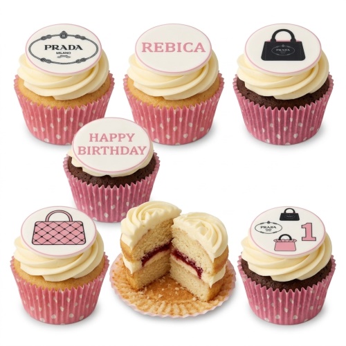 Prada theme birthday cupcakes with designer handbag toppers and custom age/name examples.