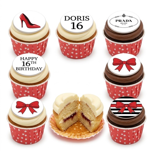 Red high heel, bows, and designer logo cupcakes in red polka dot wrappers.