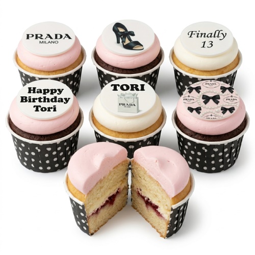 Prada inspired birthday cupcakes with high heel, logo, bows, and custom age toppers.