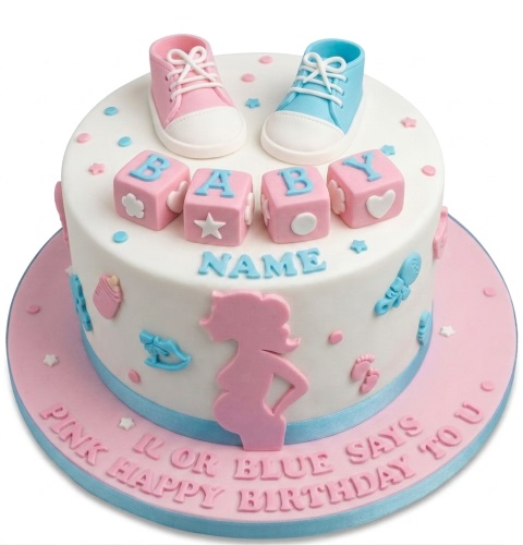 White round cake with pink and blue baby shoes, 'BABY' blocks, and a pregnant woman silhouette.