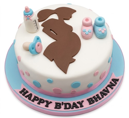White round baby shower cake with brown pregnant woman silhouette, pink and blue baby bottle, dummy, and booties.