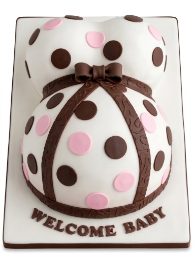 White baby bump shaped cake with pink and brown polka dots and a brown bow, with a custom message area.