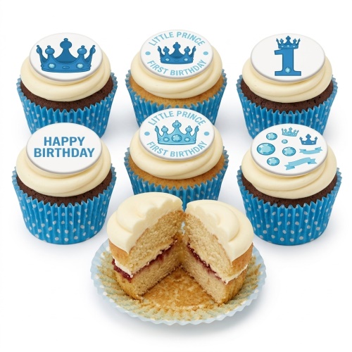 Six cupcakes with blue and white Little Prince 1st birthday themed toppers and crowns.