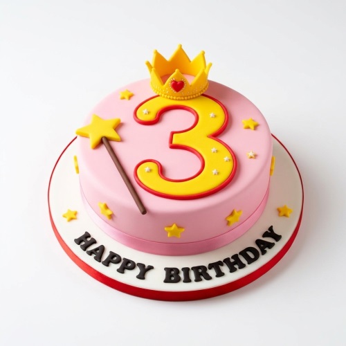 Pink princess birthday cake with a yellow crown, star wand, yellow stars, and a custom age topper.