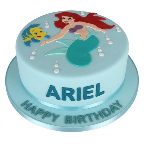 Round light blue Ariel Mermaid birthday cake with Ariel and Flounder decorations.