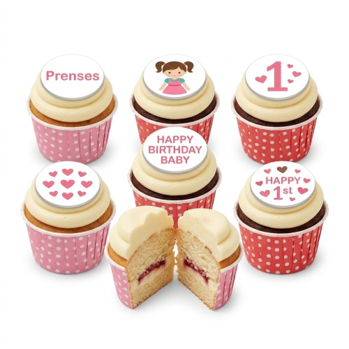 Cupcakes with pink and red polka dot cases, white frosting, and edible toppers featuring a princess, hearts, and custom age '1'.
