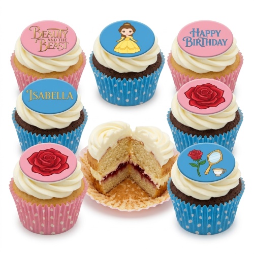 Beauty and the Beast themed cupcakes with Belle, enchanted rose, mirror, teacup, and custom messages.