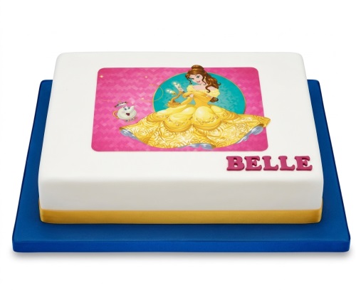 Square white fondant cake with edible image of Disney Princess Belle and Chip, gold ribbon, and red 'BELLE' text.