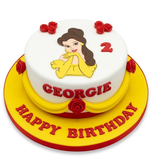 Two-tier Disney Princess Belle birthday cake with red roses and custom age topper.