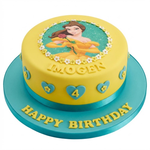 Round yellow Belle Disney Princess birthday cake with custom name and age.