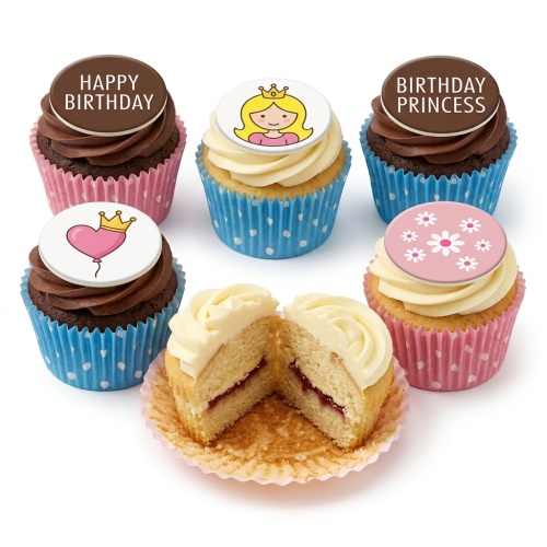 Assortment of birthday cupcakes with princess character, heart balloon, floral, and 'Happy Birthday' toppers.
