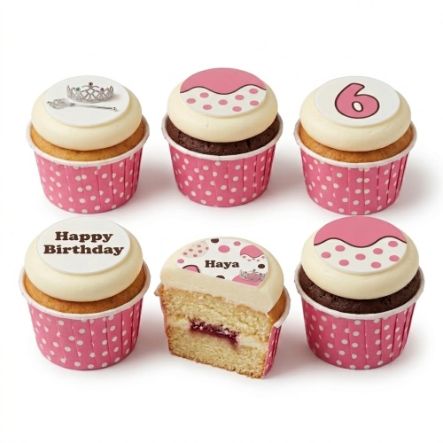 Pink and white princess themed cupcakes with crown, polka dot, custom age, and personalised name toppers.
