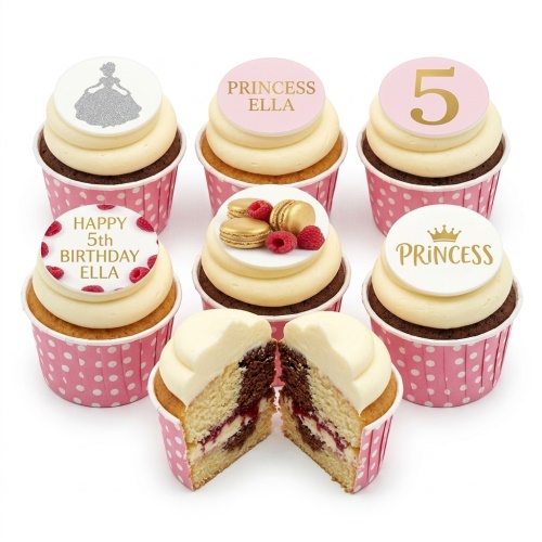 Princess themed birthday cupcakes with white and pink frosting, princess silhouette, crown, and custom age toppers.