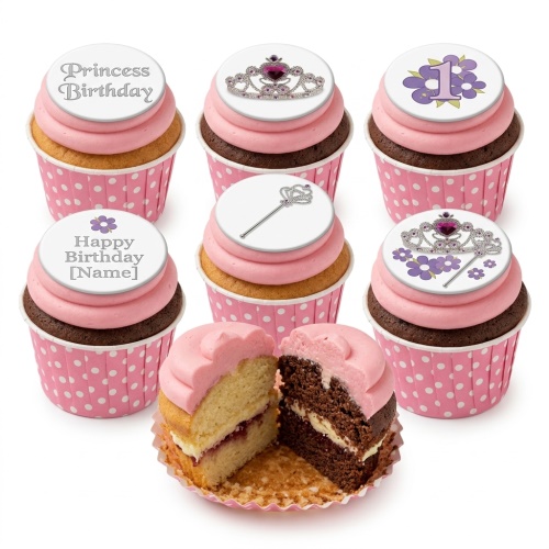 Pink frosted cupcakes with princess tiara, wand, and 'Princess Birthday' edible toppers.