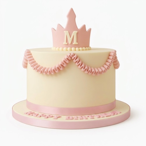 Single-tier cream birthday cake with pink crown initial topper and ruffled decorations.