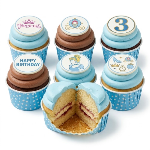 Cinderella princess themed birthday cupcakes with blue and chocolate frosting, custom age topper, and 'Happy Birthday' message.