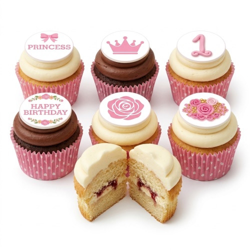 Pink princess and floral birthday cupcakes with custom age topper.