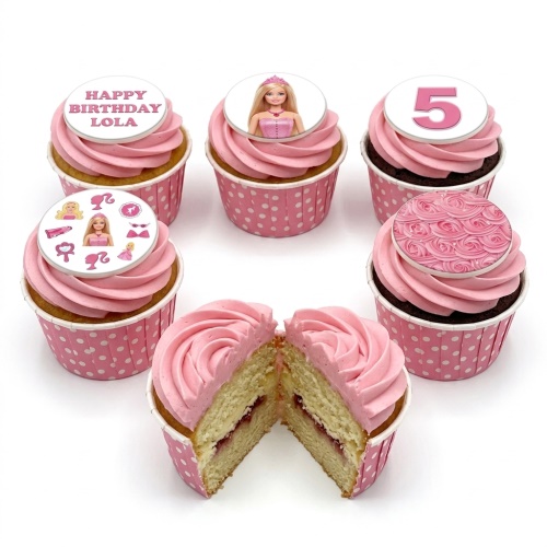 Pink Barbie themed cupcakes with Barbie doll toppers, logo, and custom age and name options.