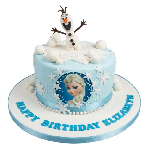 Light blue Frozen birthday cake with Elsa edible image, Olaf topper, snowflakes, and custom message.
