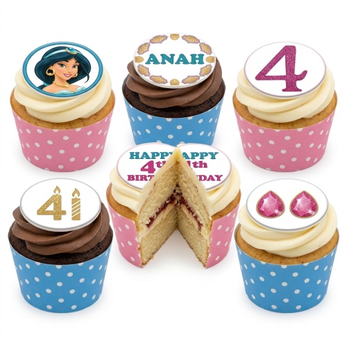 Set of princess-themed birthday cupcakes with Jasmine, custom age, name, and gem toppers.