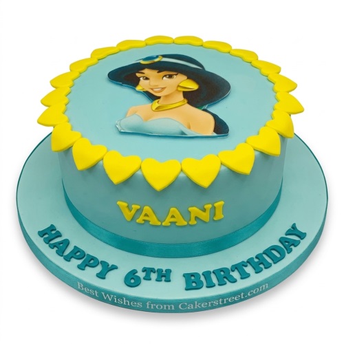 Round light blue cake with an edible image of Disney Princess Jasmine and yellow heart decorations.