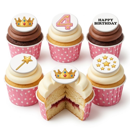 Princess themed birthday cupcakes with crowns, magic wand, stars, and a custom age topper in pink polka dot wrappers.