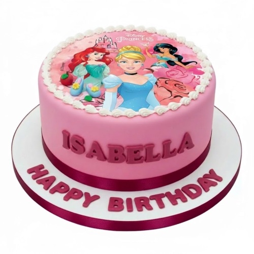 Round pink Disney Princess birthday cake with edible image of Cinderella, Ariel, and Jasmine, with space for a personalised name and message.