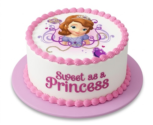 Round white Sofia the First princess birthday cake with pink icing and "Sweet as a Princess" message.