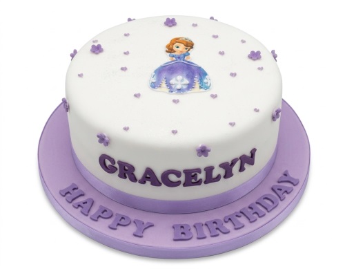 Round white birthday cake with Sofia the First edible image, purple hearts, flowers, and custom name.