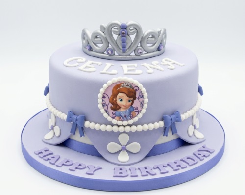 Round lavender Princess Sofia birthday cake with silver tiara and personalised name.