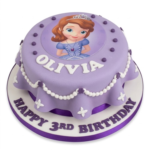 Round purple Sofia the First birthday cake with white pearl decorations and custom message.