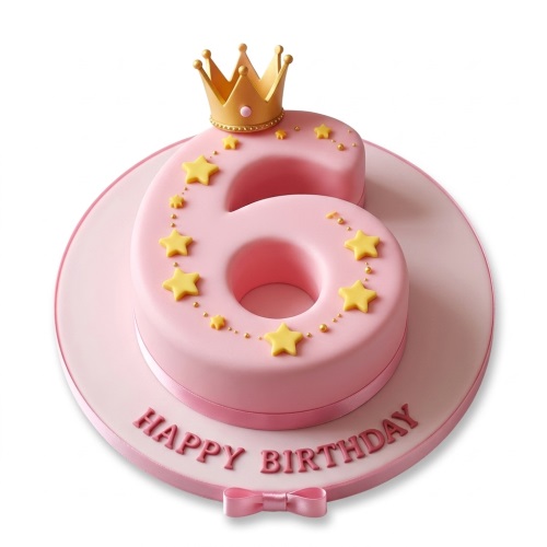Pink number birthday cake with gold crown, yellow stars, and 'Happy Birthday' message.