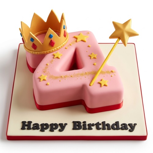 Pink number 4 cake with a gold crown, stars, and a fairy wand, on a board with "Happy Birthday" text.